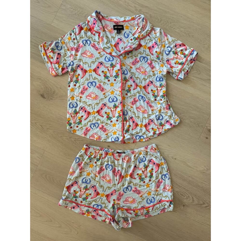 Room Service Women’s Large Glam Cowgirl Cowboy Boots Shorts Pajama Set